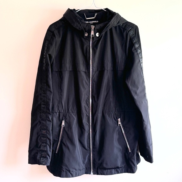 NWOT KARL LAGERFELD Black Windbreaker with Logo Tape Sleeve Size SM - Picture 1 of 7